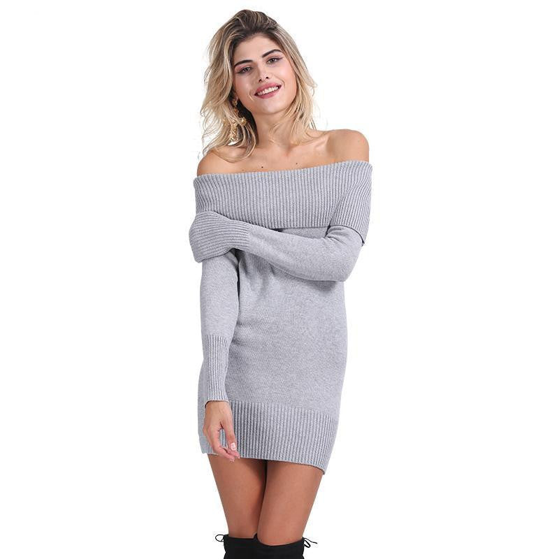 Simplee Winter off shoulder knitted bodycon dress Women long sleeve autumn sexy dress party short white dresses vestidos