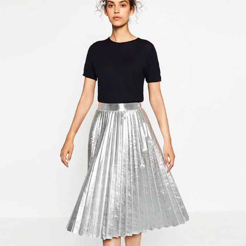Online discount shop Australia - Girls Casual Vintage Mid-long Pleated Newest Gold/Silver Metal Shiny Skirts Women Trend Metallic Bronzing