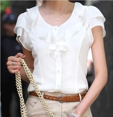 Online discount shop Australia - 5XL Plus Size New  Women Fashion Short Sleeve Ruffles Chiffon Solid White Tops  Casual  Blouses Shirt