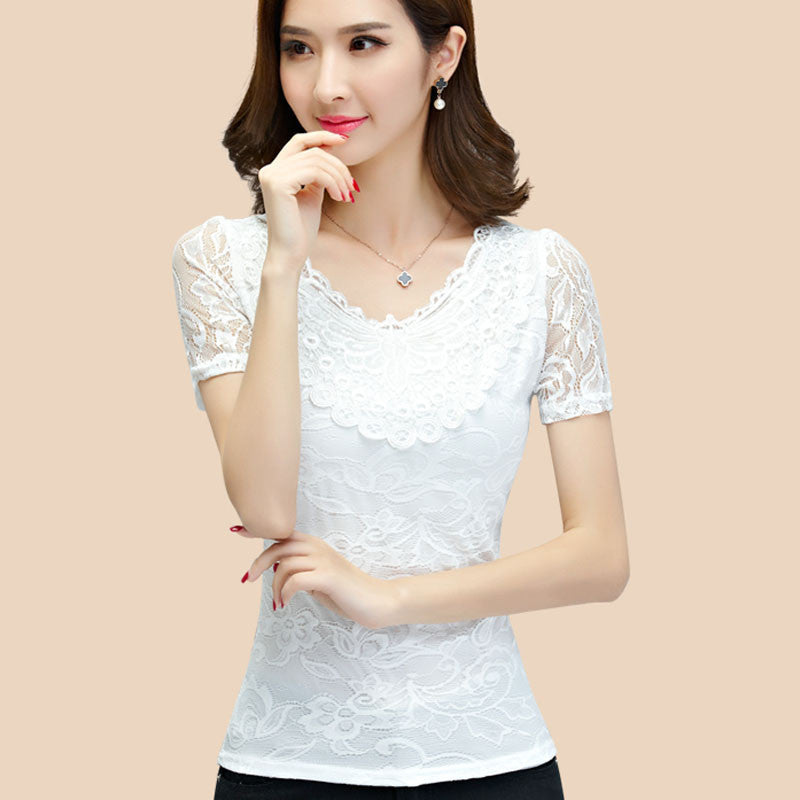 Online discount shop Australia - Big Size S-5XL Lady Lace Blouses Short Sleeve Shirts Embroidery Style Women White Shirts Black Tops