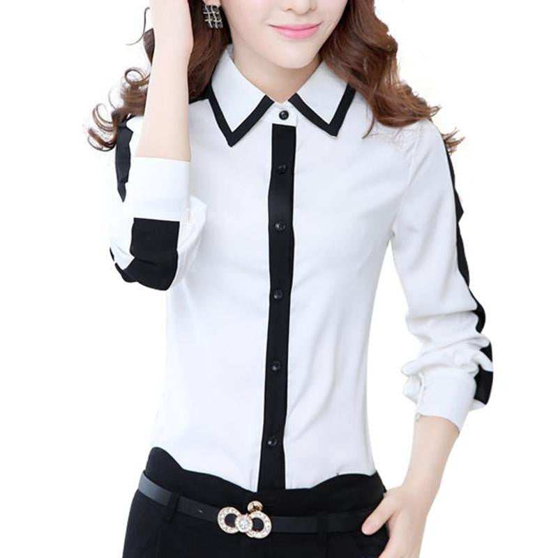 Women Chiffon Blouses Style Long Sleeve Casual Patchwork Buttons Black And White Shirt Women Tops