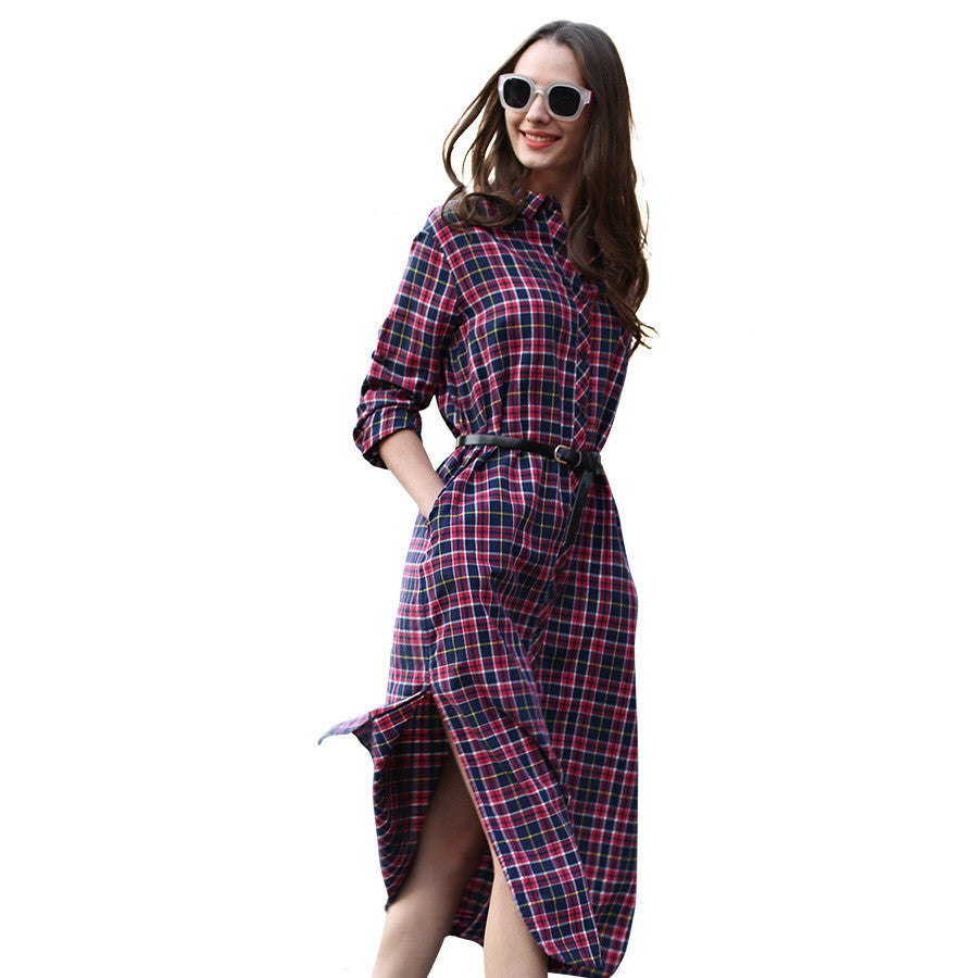 Online discount shop Australia - Long Plaid Shirt Dress Long Sleeve Women Cotton Long Shirtdress for Autumn Side Slit Women's dress plus size S-XXL