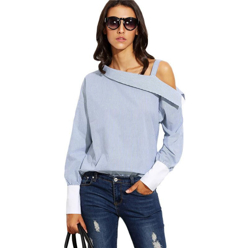 Womens Tops Fashion Ladies Blue Striped Fold Over Asymmetric Shoulder Long Sleeve Contrast Cuff Blouse