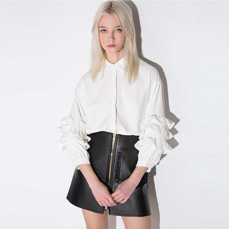 Online discount shop Australia - fresh stacked flounced sleeves Slim thin wild white color long-sleeved blouse shirt women AS16580S