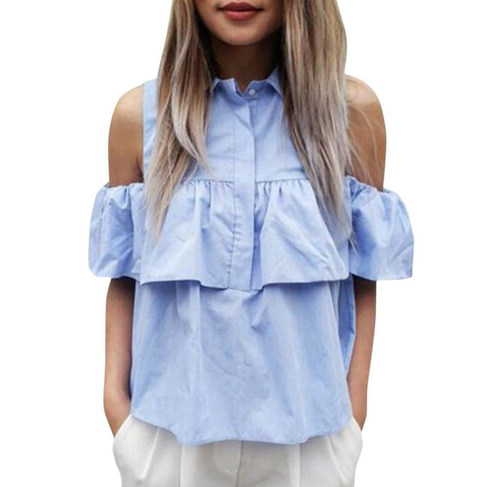 Women Off the Shoulder Ruffles Blouse Shirts Turn Down Blue Casual Tops Work Office Ladies