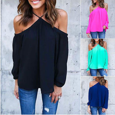 Women Fashion Chiffon Top Long Sleeve Off the Shoulder Shirt Casual Blouse