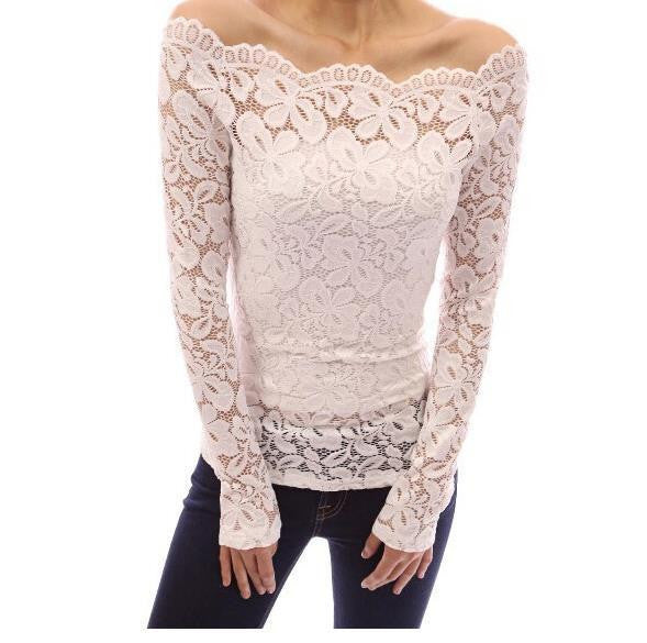 Women Blouses Off Shoulder Lace Crochet Shirts Long Sleeve Casual Tops Blouse Plus Size HM2526