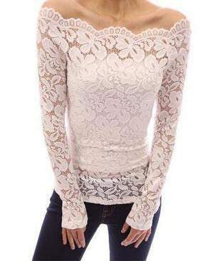 Women Blouses Off Shoulder Lace Crochet Shirts Long Sleeve Casual Tops Blouse Plus Size HM2526