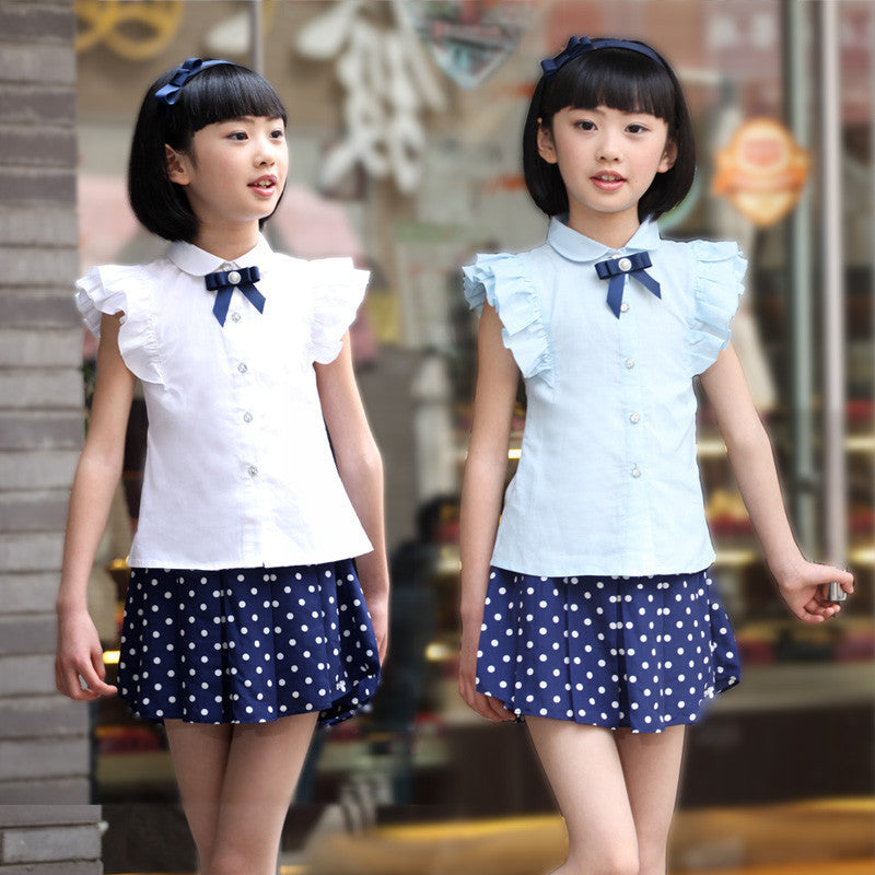 Online discount shop Australia - Girl short-sleeve white shirt student slim white waist blouse for girls clothes 6 8 10 12 years kids clothing