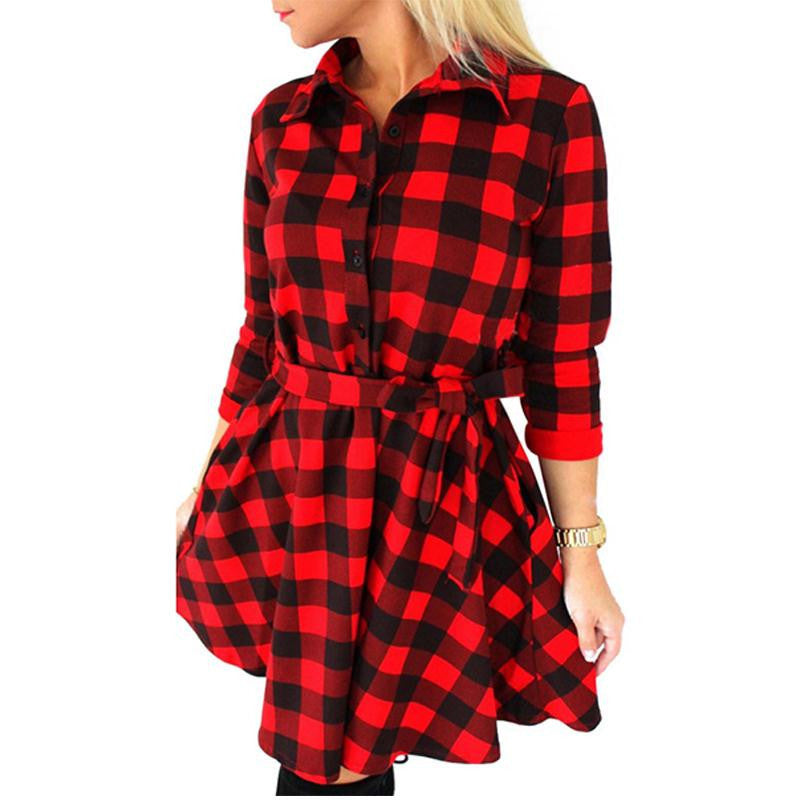 Online discount shop Australia - Fashion Women Plaid Flannel Short Mini Dresses 3/4 Sleeve Shirt Dresses Belted Dresses
