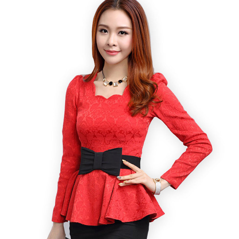 Women blouses Retro Fashion casual long-sleeved Lace Tops Slim lady temperament Ruffles shirt bow belt