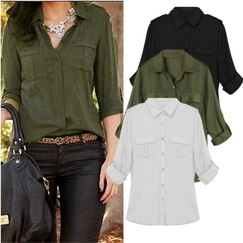 Plus Size Black White Women Chiffon Blouses Fashion Casual Lapel Long Sleeve Tops Shirts Pockets Blouse