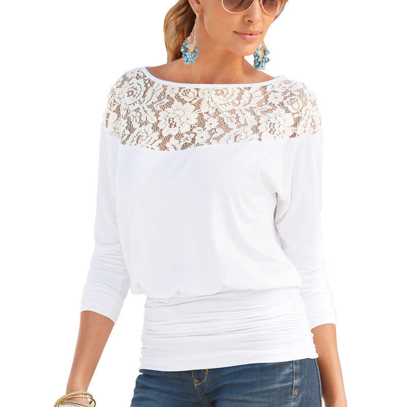 Online discount shop Australia - Casual Blouse O-Neck Sexy Lace Splice Solid Women Blouses Long Sleeve Fold Shirt Women Tops Female Shirts