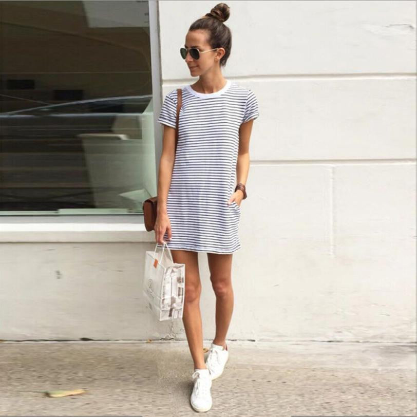 Online discount shop Australia - Fashion Women Dress Striped Printed Mini Party Dresses For Girls Summer Cotton Short Sleeve Casual Lady Sexy Dress Vestidos