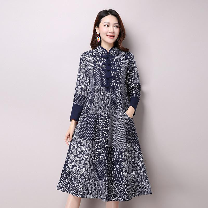 Women's National Wind Casual Long Sleeve Cotton Linen Dress Plus Size Long Linen Dresses Bule Color Floral Print
