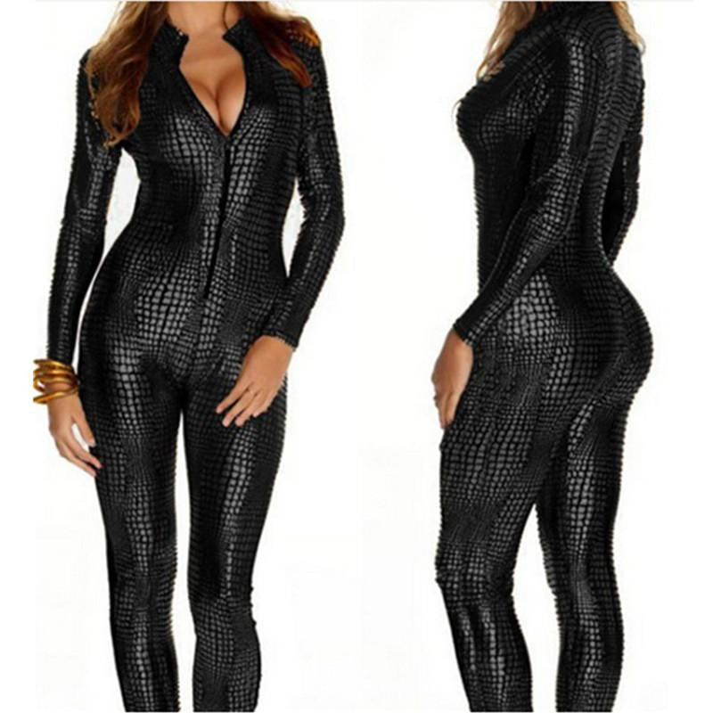 Faux Leather Snake Skin Jumpsuit Front Zip Long Sleeve 3 Color Bodysuit Spandex Catsuit Women M7241