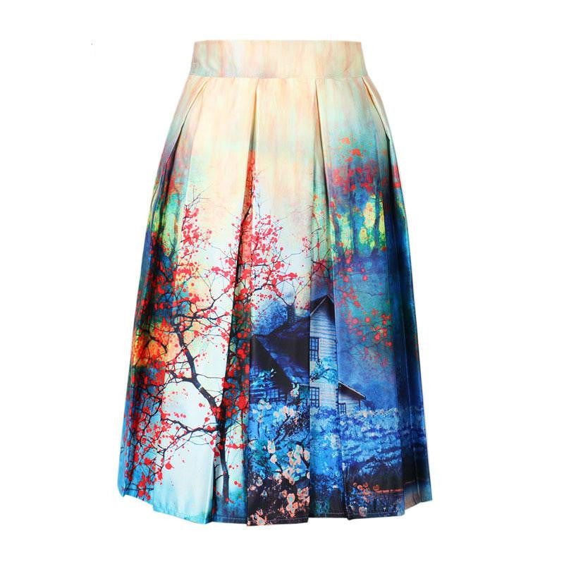 Skater Skirt Vintage Charm Lady Multi Scene Print Pleated Midi Office Skirt Tutu Elegant Womens Skirts