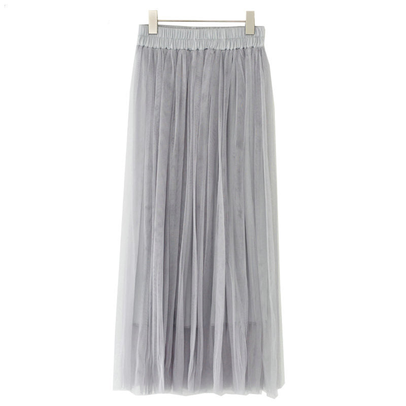 Online discount shop Australia - Fashion Ladies Gray Color 3 Layer Pleated Skirt Long Tulle Skirts Straight Grey Solid Mesh Skater Skirt