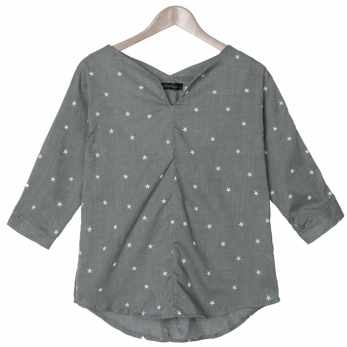 Women V-Neck 3/4 Sleeve Tops Casual Loose Star Printed Blouse Shirts Plus Size Shirts