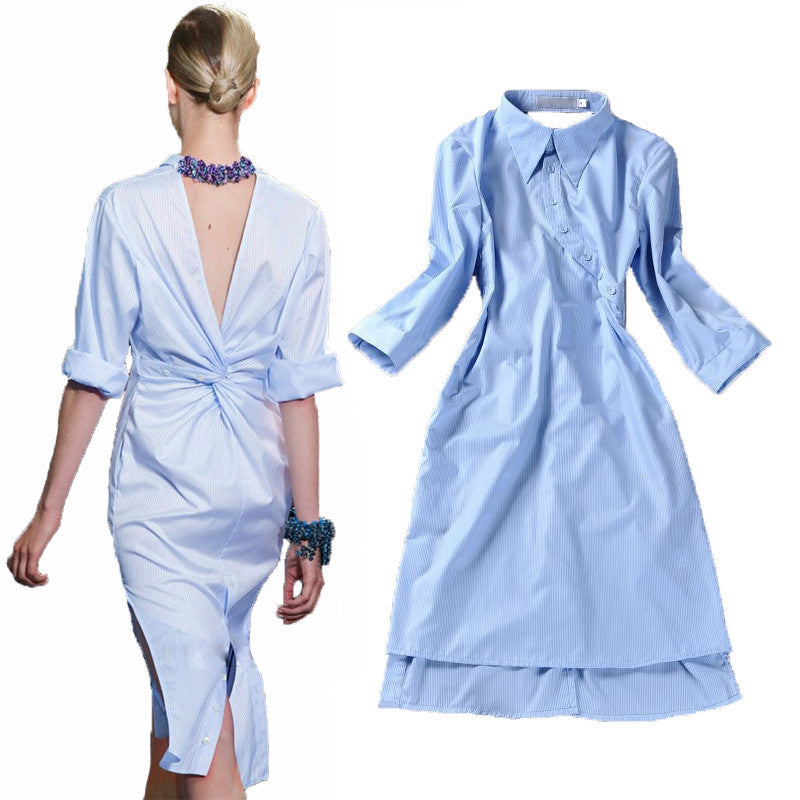 Online discount shop Australia - HIGH QUALITY New Runway Fashion Women's Novelty Back V Open Asymmetrical Designer Shirt Dress
