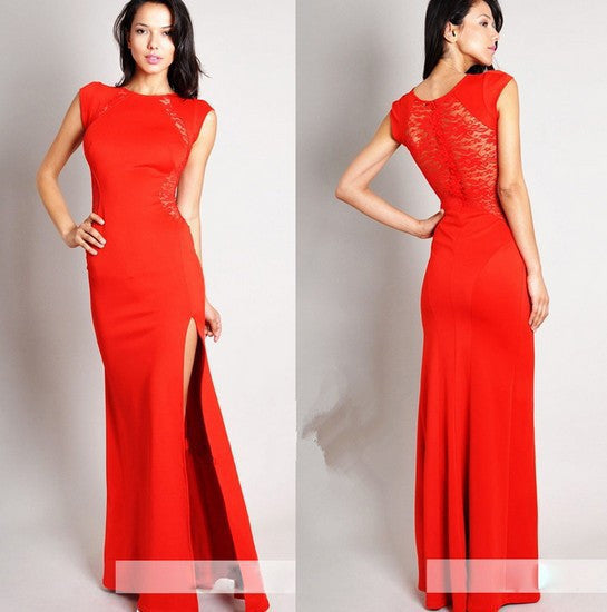 Online discount shop Australia - lace long dress Hip split plus size irregular Short Sleeve back hallow out floor length dresses