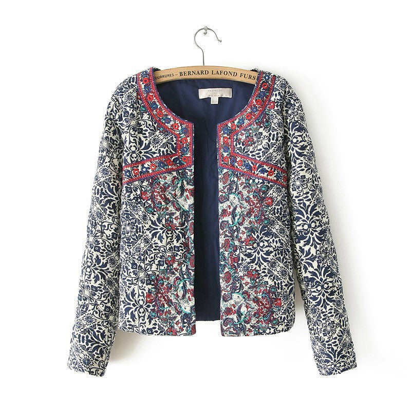 Retro Print Blue White Round Neck Full Sleeve Jacket Female Embroidered Coat For Women Embroidery Slim tops