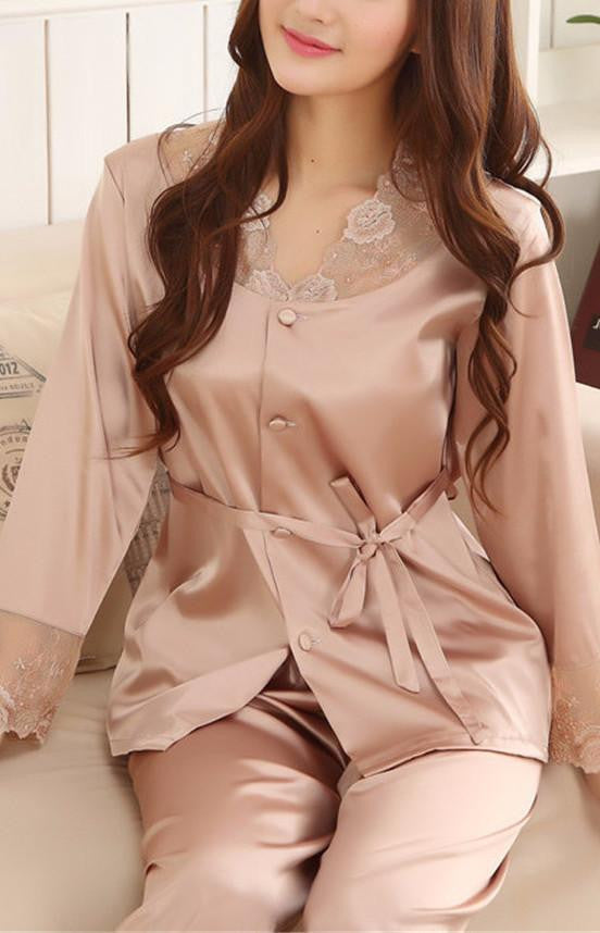 Womens Lace Silk Sleepwear Pajamas Sets Satin Long-sleeved Leisure Loungewear Champagne Set L-3XL