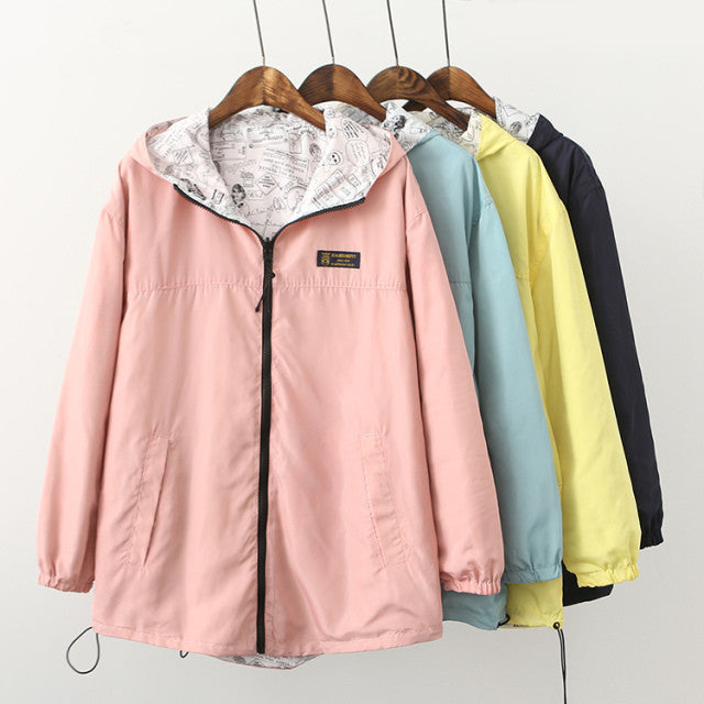 Online discount shop Australia - New  women coat Pocket Zipper hooded two side wear Cartoon print candy color jacket outwear loose plus size