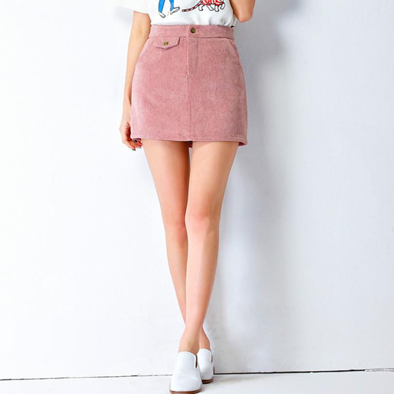 Skirts Womens Retro Preppy Style Casual Corduroy Slim High waist A Line Mini Skirt Pure Color Pink Black Gray B119