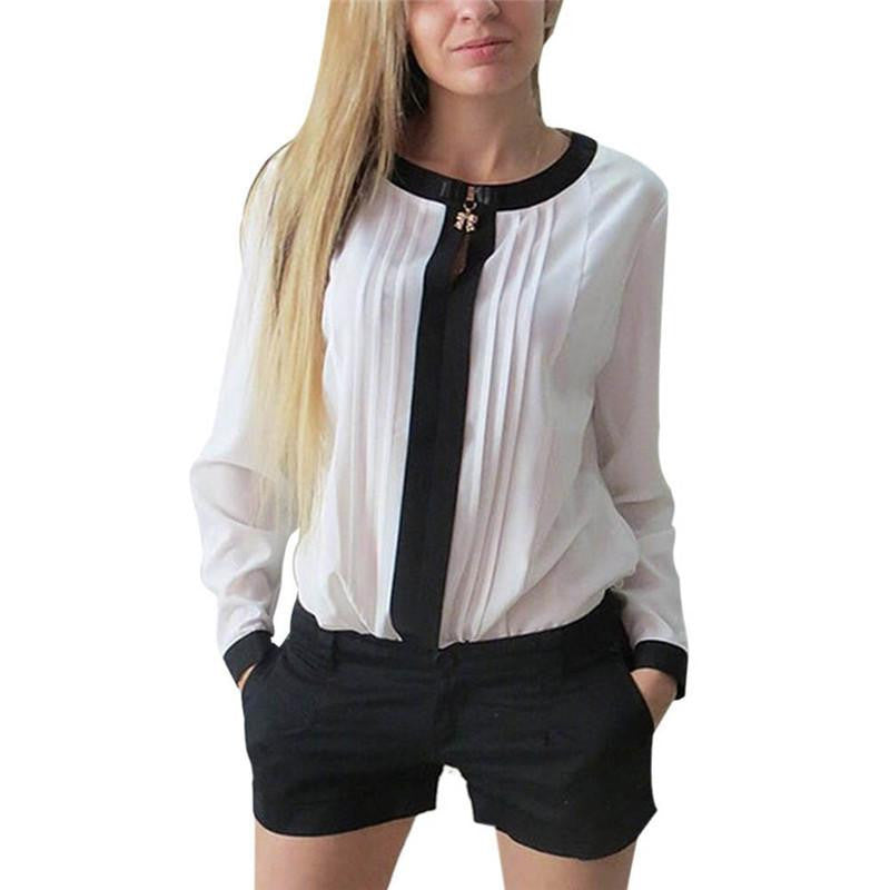 Women Chiffon blouses Long Sleeve Shirt Pleated Patchwork Office Blouses Tops