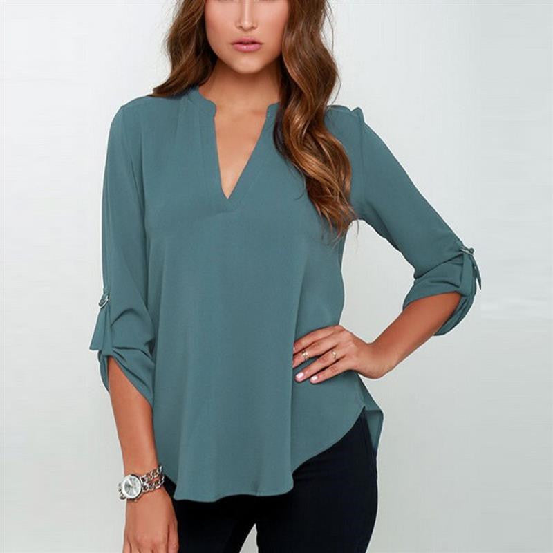 Plus Size S-3XL Fashion Elegant V Neck Long Sleeve Women Blouses Solid Casual Women Chiffon Tops Shirts