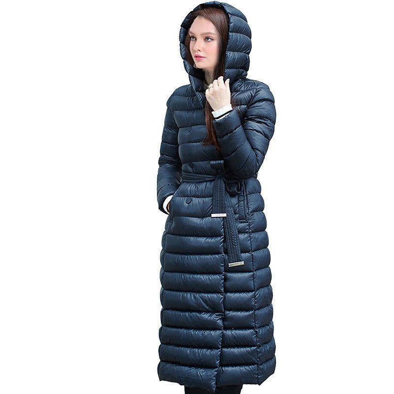 Snow Down Jacket Women Coat Anorak 90 % White Duck Down with Belt Longer Knee Women's Hooded Double Breasted Jackets