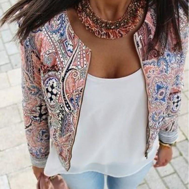 Women Fashion Long Sleeve Basic Coats Floral Print Zipper Bomber Jacket Short Women Jackets