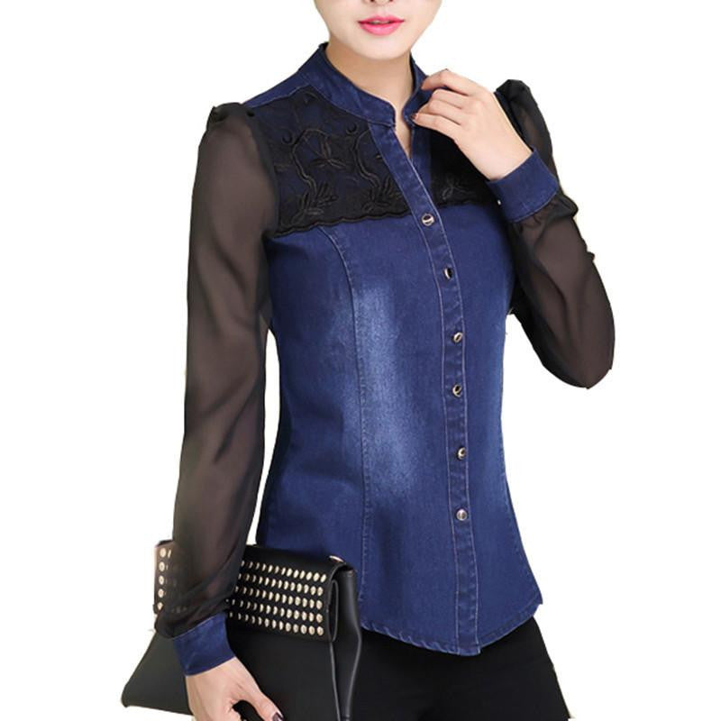 Women Denim Blouses Fashion Clothing Long Tops Body Jeans Shirts Women Blouses