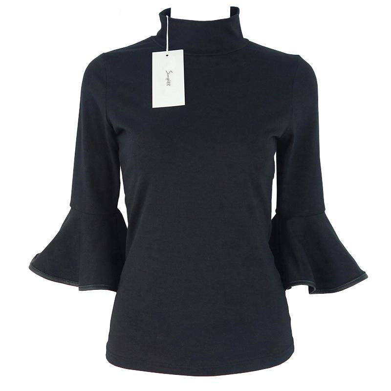 Simplee Flare sleeve black girls blouse shirt Women tops cotton chic turtleneck OL cool turtleneck blouses