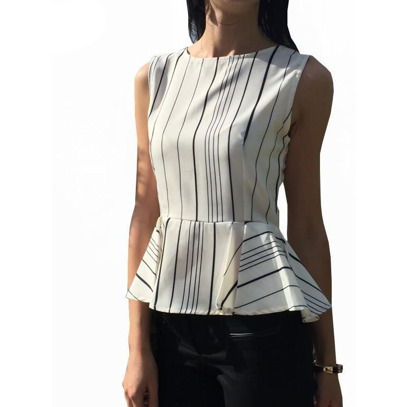 Women Collecation OL Tops Striped Design Elegant Sleevelss Blouse Peplum Design Blouse