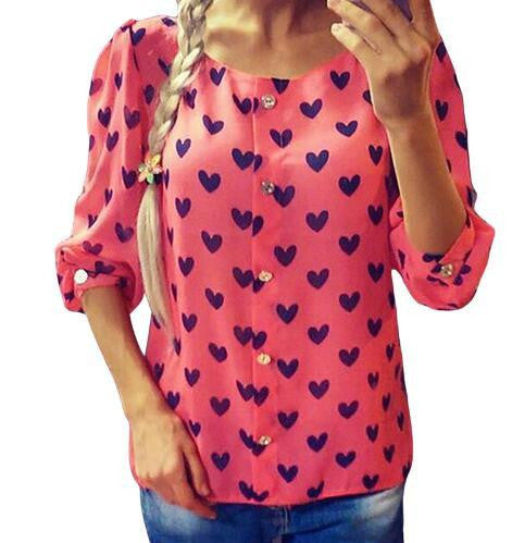 Two Style Women Blouses Chiffon Heart Printed Casual Shirts Three Quarter Lantern Sleeve Chiffon J3137