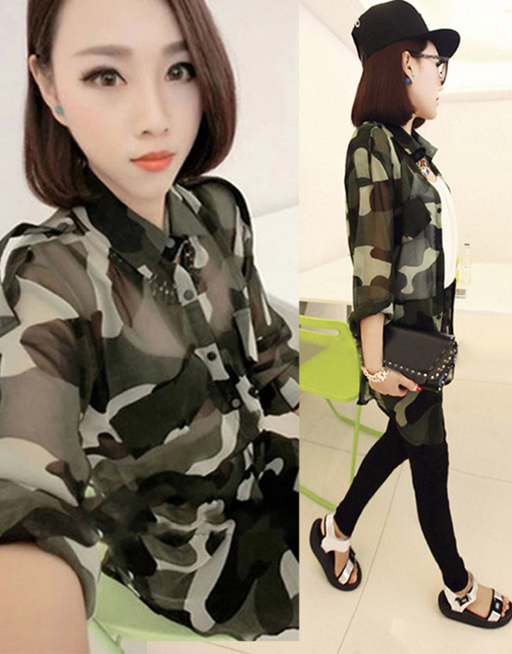 Online discount shop Australia - Green Camouflage Shirt women Army Style Long Sleeve Blouses lady Dress Shirt Loose Chiffon Blouse