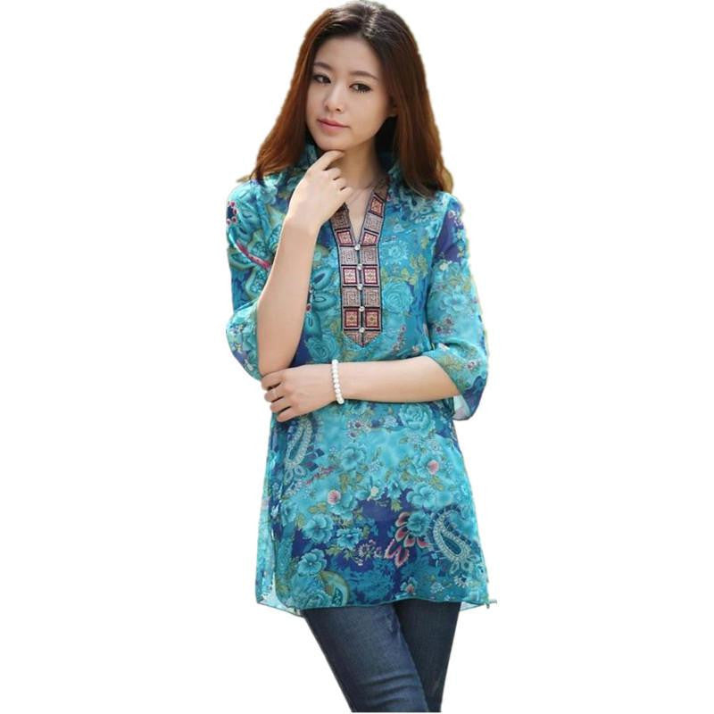 Women Chiffon Blouse Embroidery Vintage Shirt