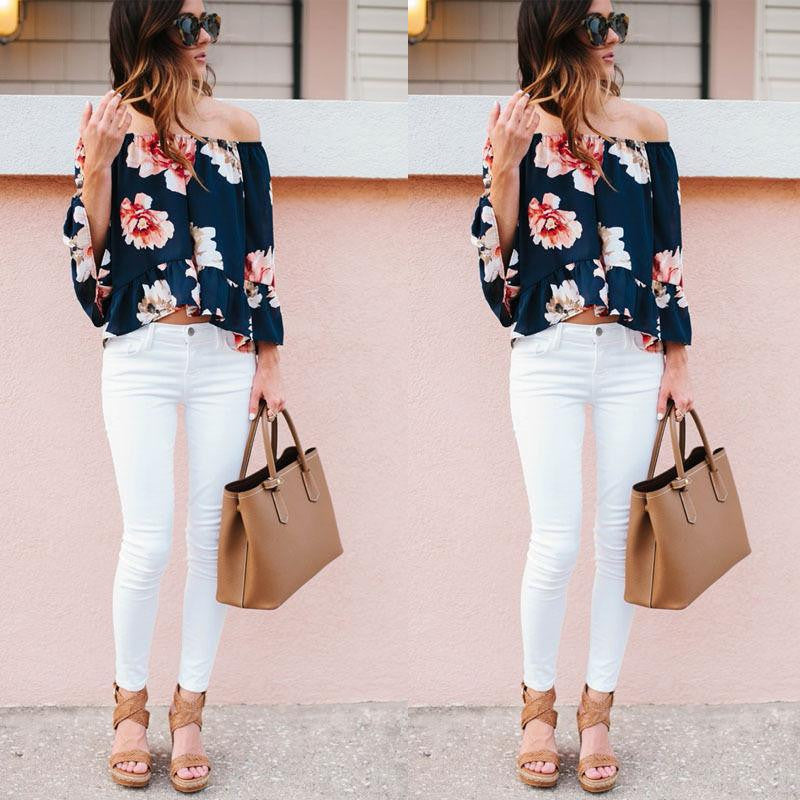 Women Blouses Shirt Off Shoulder Floral Printed Long Sleeve Strapless Women Tops Blouse