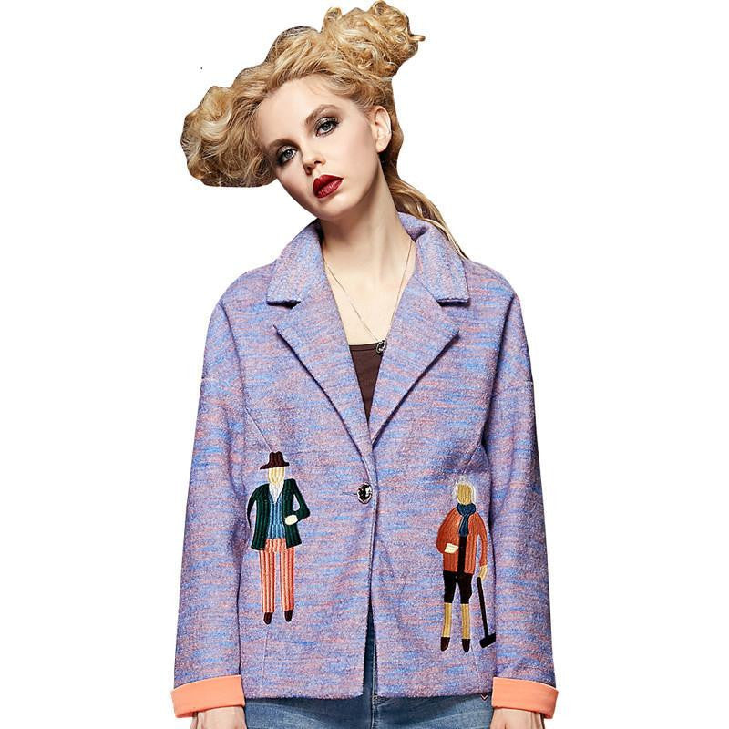 Online discount shop Australia - ELF SACK Women BrandCharacter Pattern Embroidery Coat Short Loose Jacket Women's Casual Turn-down Collar Outerwear
