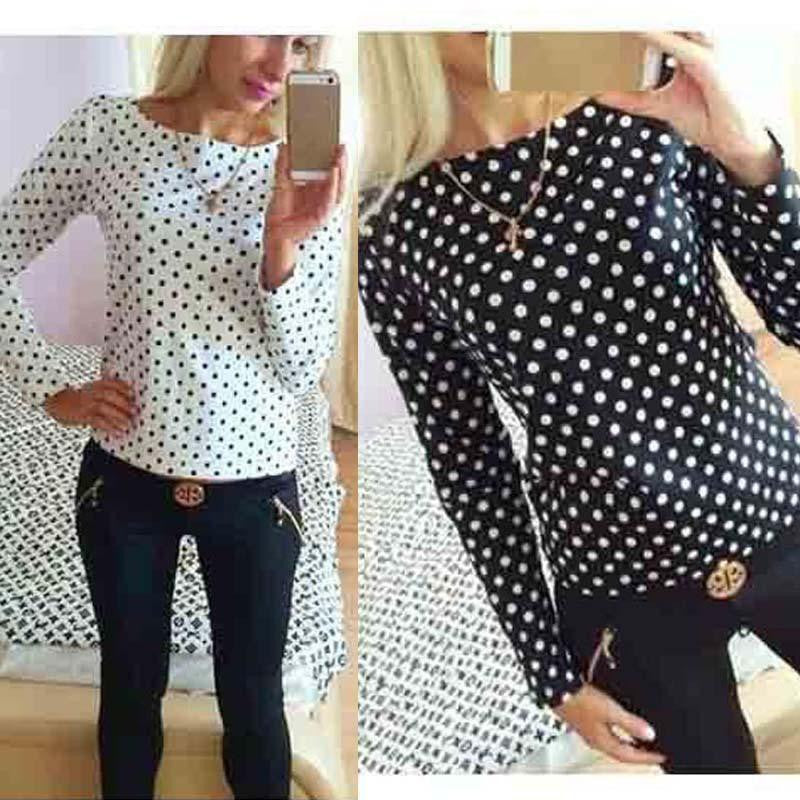 Women fashion round collar camisa dot chiffon wave point long-sleeved shirt clothes