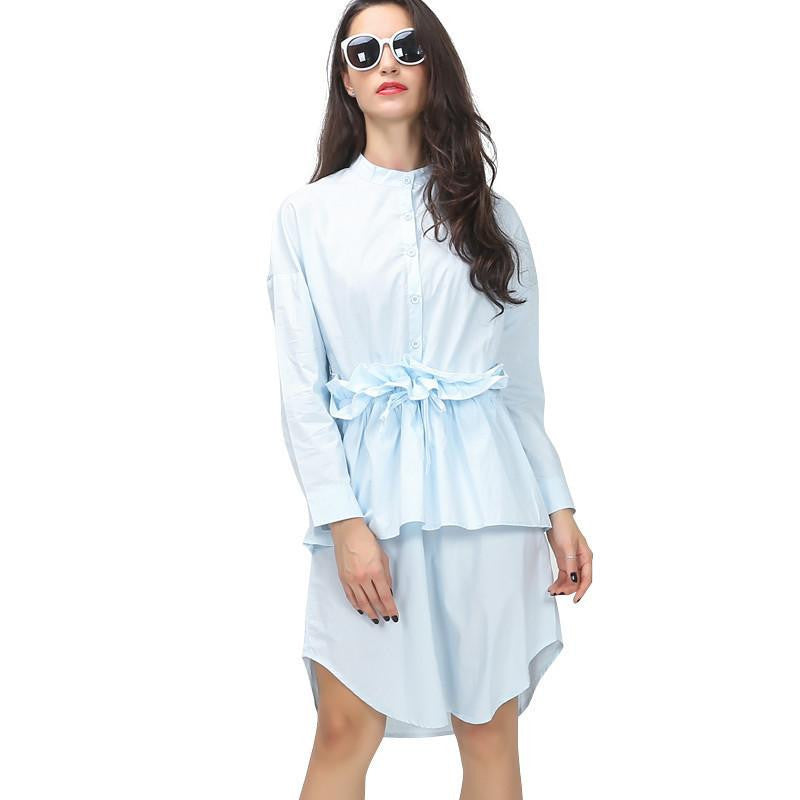 Spring Ruffles Pleated Drawstring Waisted Shirt Women Dress Long Sleeve Casual Clothing Fashion