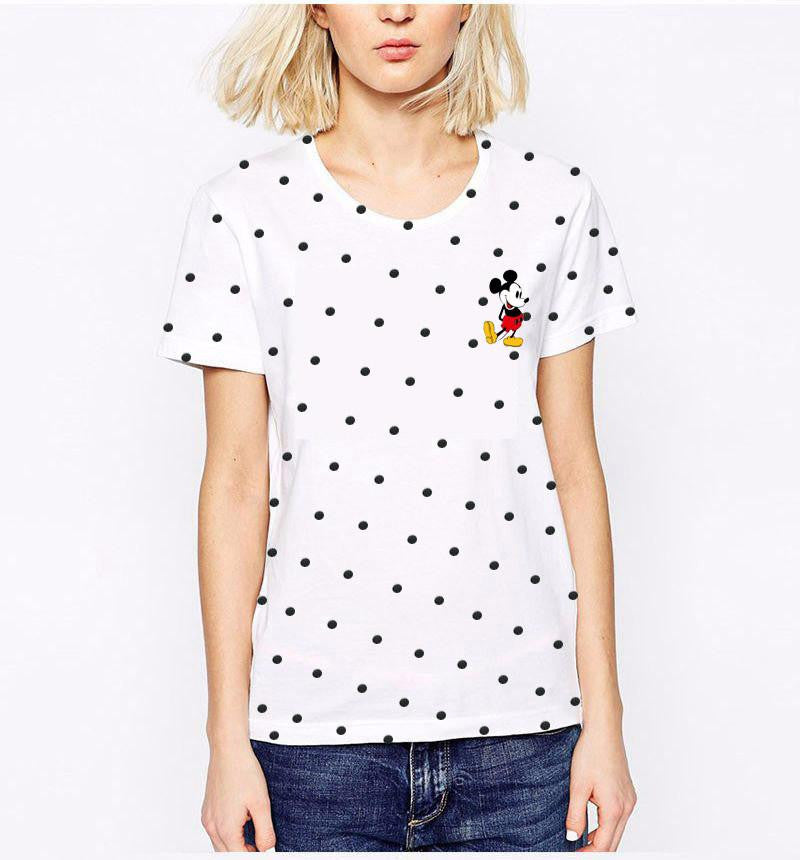 Women's T-Shirt Polka Dots Clothes Shirt O-neck Cartoon Print Casual Short Sleeve Bottming Tops