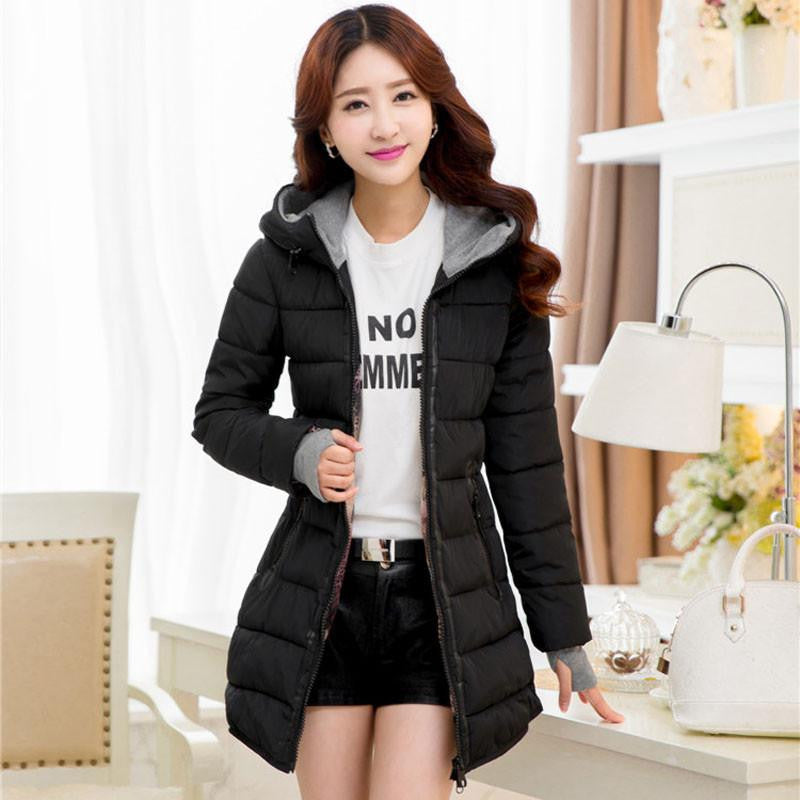 Women's Jackets black blue and pink long wadded coat young girl warm jacket with hood