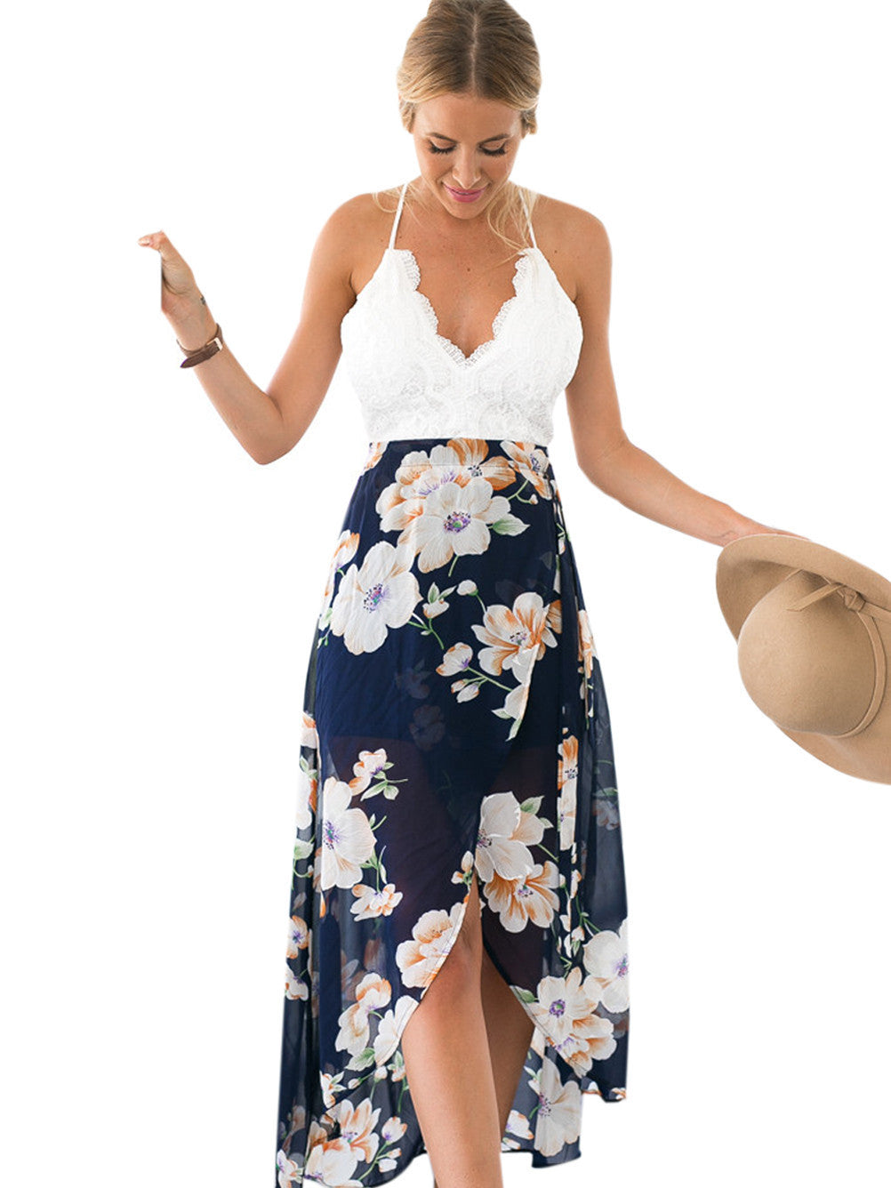Online discount shop Australia - Backless Floral Print Chiffon Dress Patchwork Lace V Neck Open Back High Low Beach Summer Girls Casual Long Maxi High low Dress