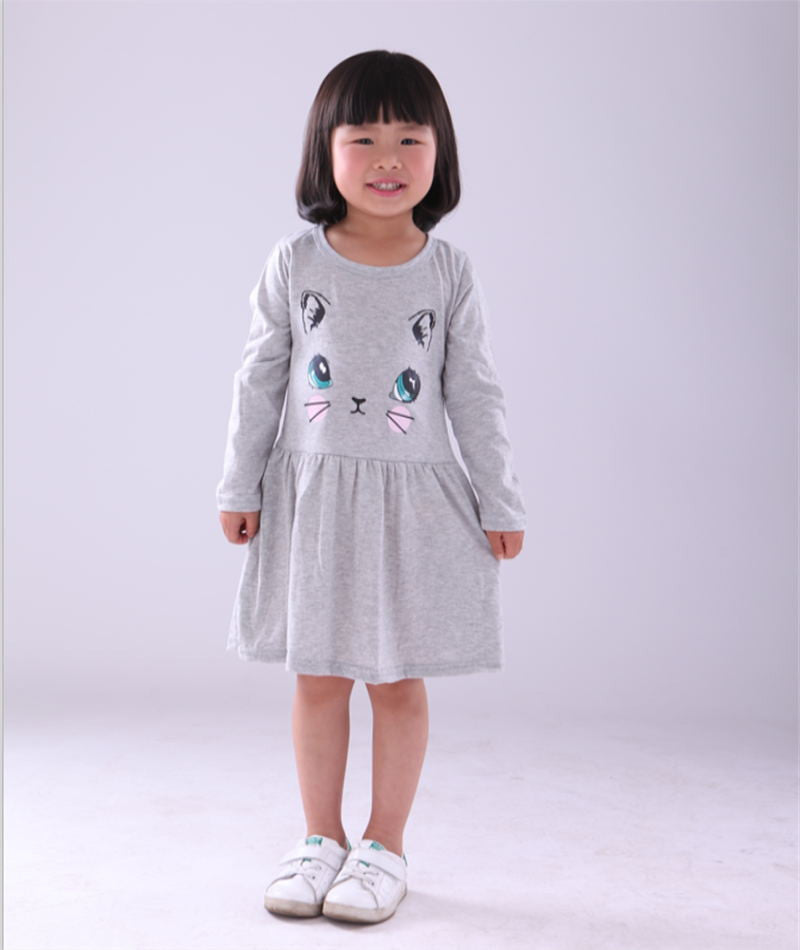 Online discount shop Australia - girl dress cat print grey baby girl dress children clothing children dress 1-8years