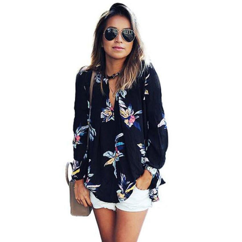 Womens Chiffon Blouse Fashion Floral Printing Loose Long Sleeve Tops V-Neck Lady Clothes #LEN1