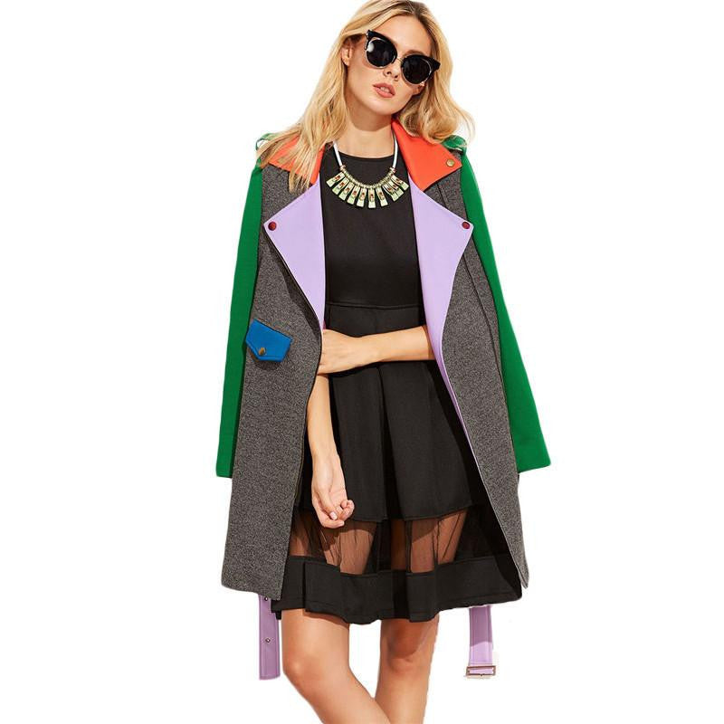 Womens Coats Multicolor Oversize Coat Women Casual Color Block Belted Asymmetric Zip Overcoat Coat Female