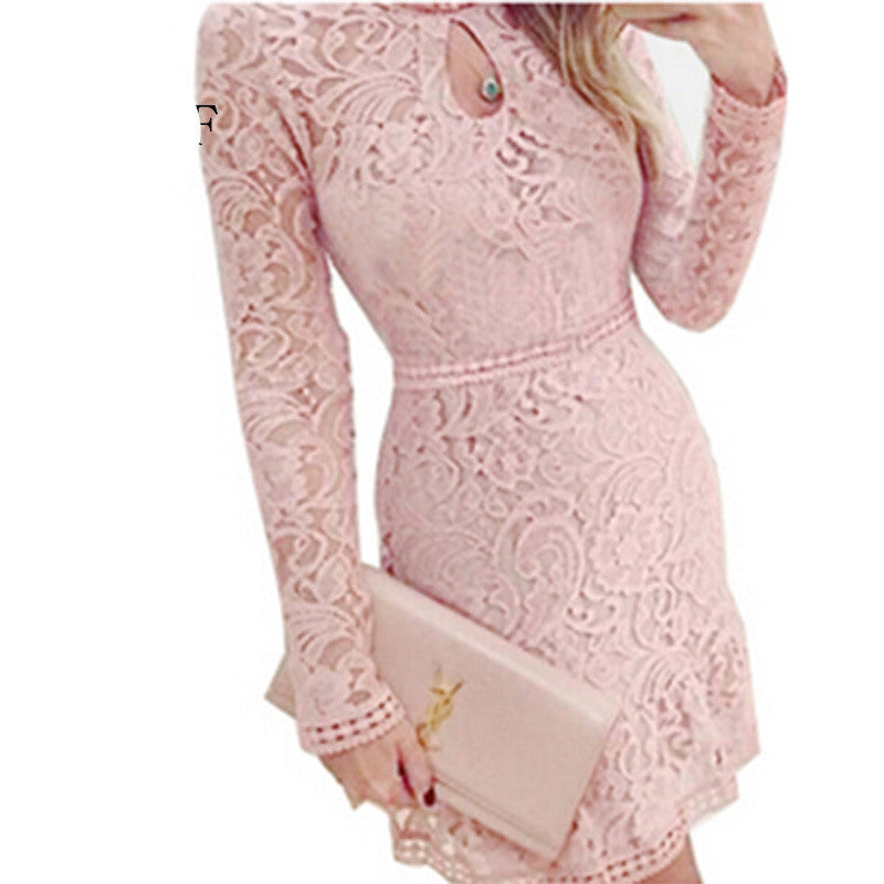 Women Dress Fashion Casual Sheath Lace Long Full Sleeve Knee-Length Dresses For Evening Party